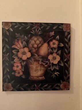 Decorative Fruit Basket Wall Art - Black Floral Accent